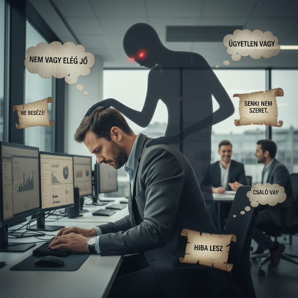 Egy férfi árnyékát ábrázolja, amelyet gyermekkori negatív üzenetek kísérnek a munkahelyi és társas helyzetekben, szimbolizálva a belső kritikus hangot.