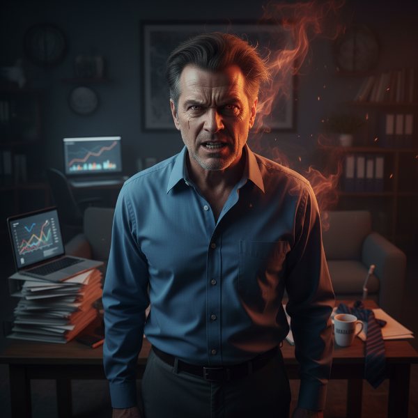 Egy középkorú férfi belső küzdelmét ábrázolja, ahol a nyugodt, racionális énje és a kitörő haragja egymással harcol, szimbolizálva az érzelmi kontroll visszaszerzésének útját.