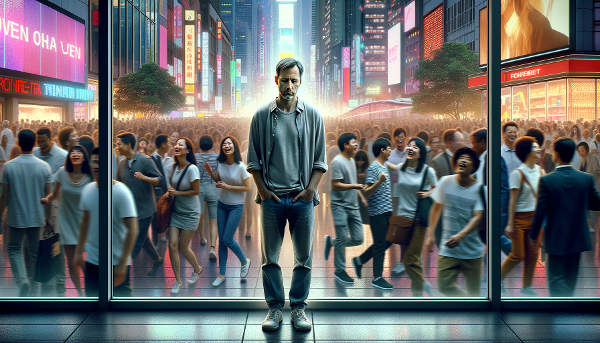 Egy férfi üvegfal mögött, a tömegben, mely a funkcionális magányt és a mély kapcsolatok iránti vágyat szimbolizálja.