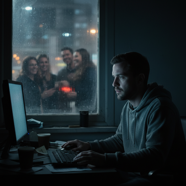 Egy férfi a magányában, egy láthatatlan fal mögött, mely elválasztja őt a külső világtól, miközben a képernyő fénye világítja meg.