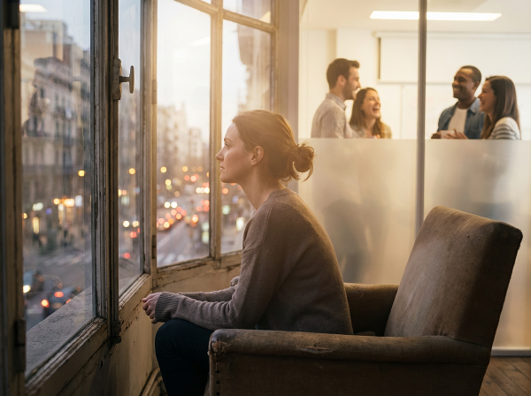 Egy nő a magány és a kapcsolatkeresés érzését ábrázolja, miközben egy láthatatlan fal választja el a társaságtól.