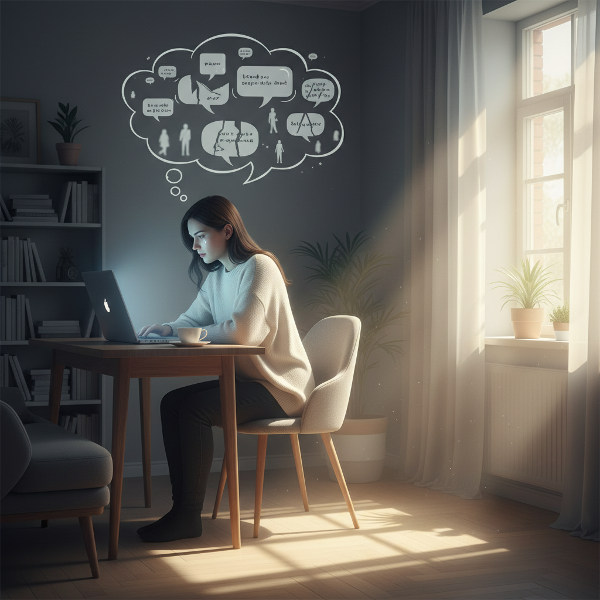 Egy magányos nő otthon, aki online pszichológiai tanácsot keres, miközben a kommunikáció nehézségeit és a kapcsolat iránti vágyát szemléltető gondolatbuborékok veszik körül.