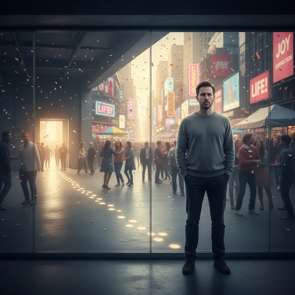 Egy férfi üvegfal mögött áll, és távolinak, elérhetetlennek érzi a kint vibráló életet, ami a leírt apátiát és elszigeteltséget jelképezi.