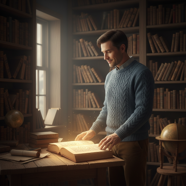 Egy férfi egy meleg, kissé poros könyvtárban áll, tele polcokkal, ahol hiányoznak és elmozdultak könyvek. Egy asztalon egy ragyogó könyvet néz, ami az újjáéledő kapcsolódást és érzelmi intimitást szimbolizálja.