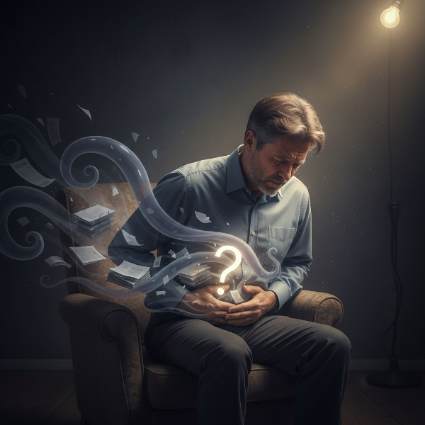 Egy férfi testi tünetei láthatóan összefonódnak a körülötte lebegő szimbólumokkal, amelyek a munkahelyi stresszt és létkérdéseket ábrázolják, együtt alkotva egy pszichoszomatikus feszültség képét.