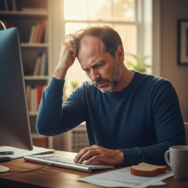 Egy középkorú férfi otthoni irodájában ül, stresszesen húzogatja a haját, miközben a számítógép előtt dolgozik. A kép érzékelteti a kényszeres viselkedés és a belső küzdelem pillanatát.