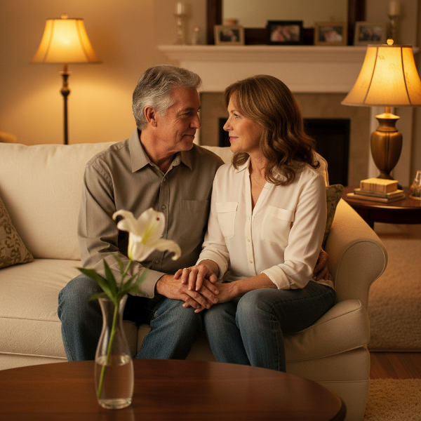 Egy érett pár meghitt, szeretetteljes pillanata a nappalijukban, mely a hosszú kapcsolatban újra feléledő intimitás és közeledés szimbóluma.