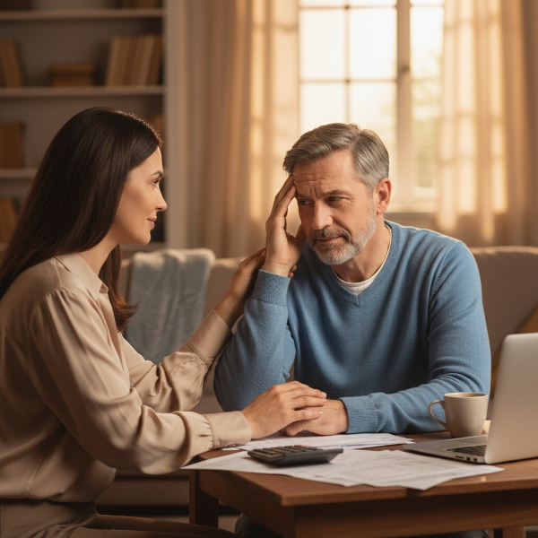Egy középkorú férfi és felesége együtt ülnek egy nyugodt környezetben, miközben pénzügyi dokumentumokat néznek, de a testbeszédük támogató és egymásra összpontosító.