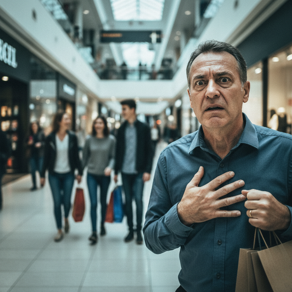 Egy középkorú férfi pánikrohamot él át egy zsúfolt bevásárlóközpontban, miközben próbálja elrejteni tüneteit a körülötte lévőktől.