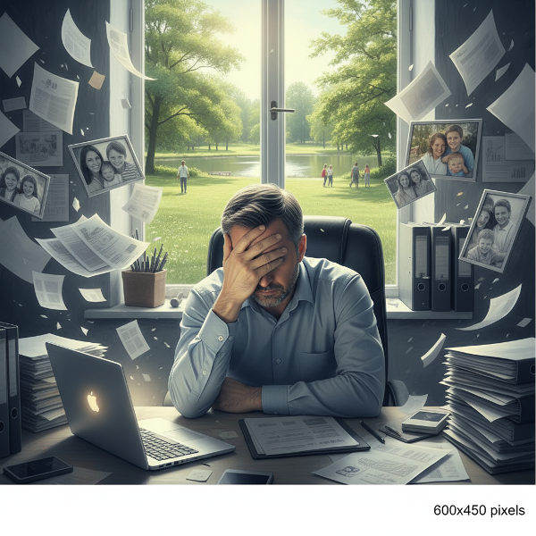 Egy középkorú férfi munkahelyi stressz és családi nyomás közepette, aki küzd az ingerlékenységével és belső feszültségével, miközben a háttérben egy nyugodt park jelképezi a lehetséges békét és kiegyensúlyozottságot.