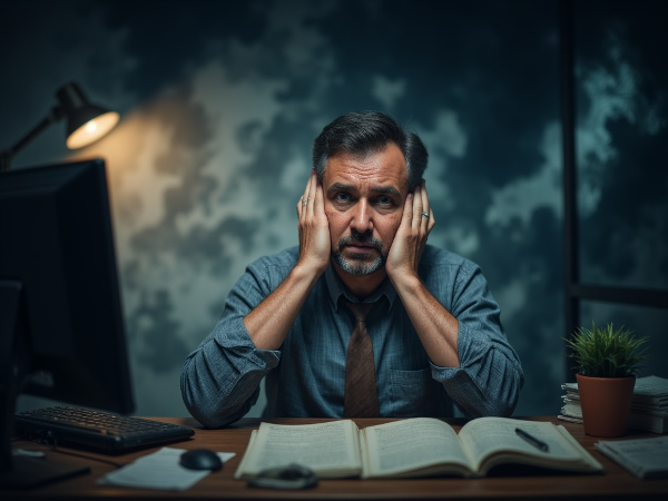 Egy középkorú férfi munkahelyi stressz és pánikrohamok közepette, a bizonytalanság árnyékai között, de a segítségkeresés reményének fényével.