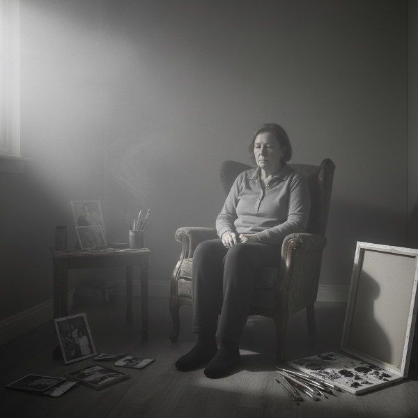 Egy középkorú nő üres, szürke ködben ül, szimbolizálva a depressziót és az érzelmi elzárkózást.