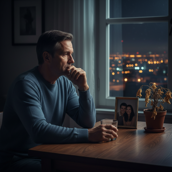 Egy középkorú férfi magányosan ül egy halk fényű szobában éjszaka, elmerengve néz ki az ablakon, ahol a város fényei látszanak. Egy asztalon egy pár fényképe mellett egy hervadó növény áll, ami az érzelmi ürességet és a hosszú kapcsolatban való értelmet keresést ábrázolja.