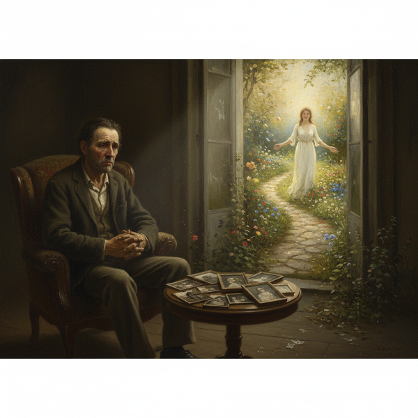 Egy középkorú férfi üresnek érzett otthonában ül, miközben a múlt és a jelen között ingadozik. A kép egy életátmeneti válságot és a lehetséges új utak felé vezető reményt ábrázolja.