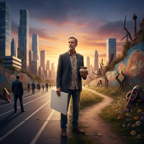 Egy középkorú férfi egy útkereszteződésnél áll, ahol a városi szerkezet és egy művészi vidéki ösvény találkozik, egy üres vászonnal és egy kis agyagedénnyel a kezében, ami az új kezdeteket és rejtett szenvedélyeket szimbolizálja.