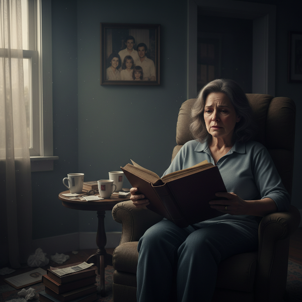 Egy 50 éves nő egy régi fotóalbumot néz, miközben múltbéli traumák és jelenlegi életválságok súlyával küzd.