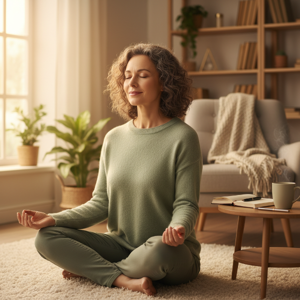 Egy 50 éves nő tudatos légzés gyakorlása közben, belső békét és önelfogadást ábrázolva egy harmonikus környezetben.