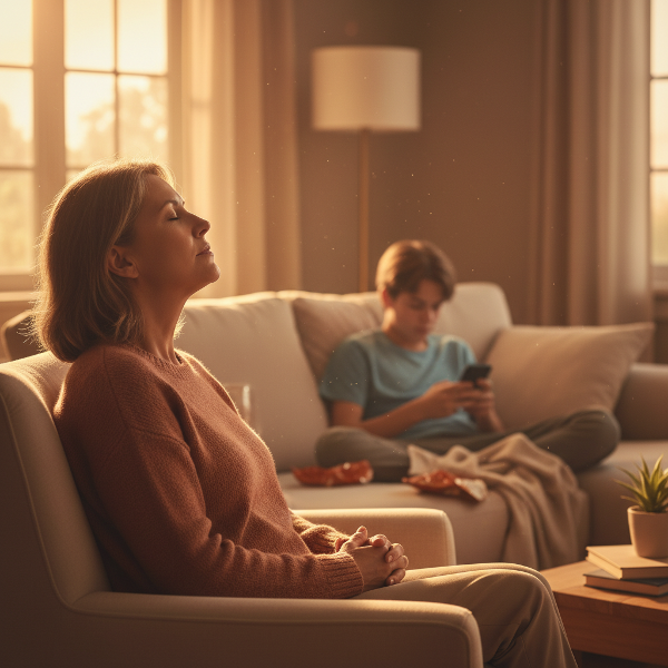 Egy anya mély levegőt vesz otthon, miközben a háttérben a serdülő fia telefonozik, a napfény a nyugalmat és a belső kontrollt szimbolizálja.