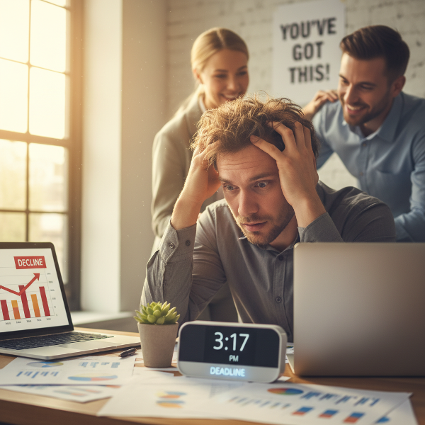 Egy férfi munkahelyi stresszt érez, de pozitív elemekkel, mint egy növény és támogató kolléga, reményt és egyensúlyt sugallva.