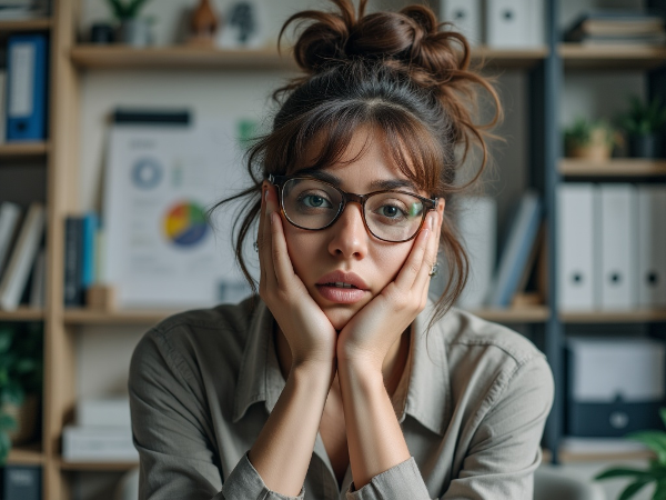 Egy kimerült nő a munkahelyi stressz körforgásában, aki otthon sem tud pihenni, és az aszertivitás fejlesztésén gondolkodik.