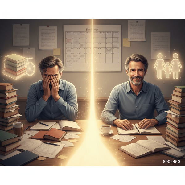 Egy kimerült, középkorú férfi egy zsúfolt íróasztalnál, ahol a munka elnyomja. A család és a hobbik távoli fényei látszanak, miközben egy fényes út vezet a belső egyensúly felé.