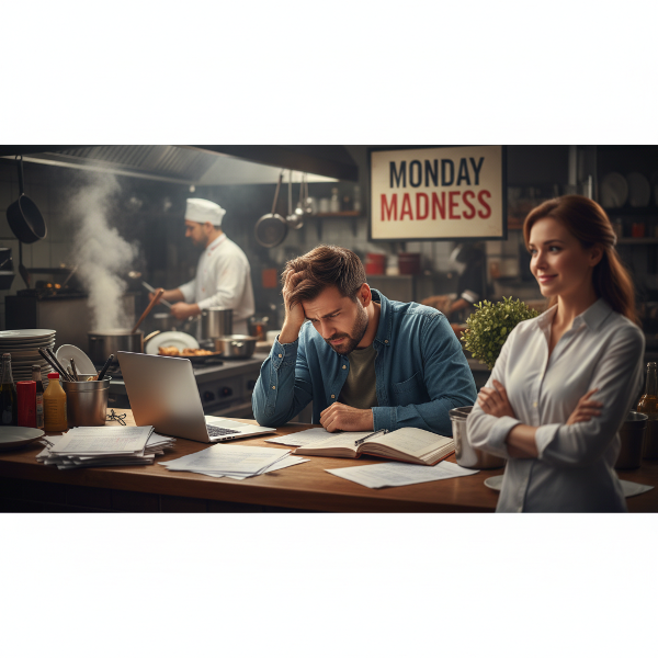 Egy fiatal férfi stresszesen néz egy étterempultnál, mögötte kaotikus konyha és papírok, miközben támogató partnere háttérben várakozik, a munka és magánélet egyensúlyának küzdelmét szimbolizálva.