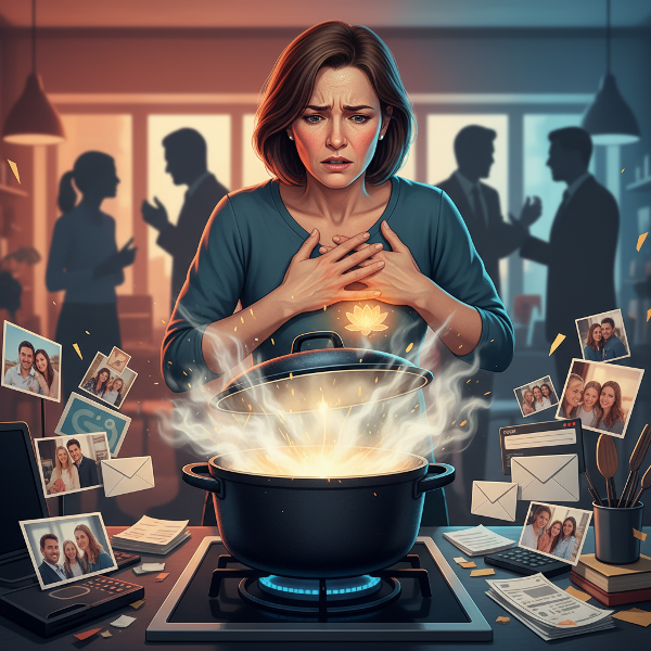 Egy középkorú nő, aki a munkahelyi stressz és családi konfliktusok miatt küzd krónikus feszültséggel, fizikai tünetekkel, és próbálja visszanyerni belső nyugalmát.