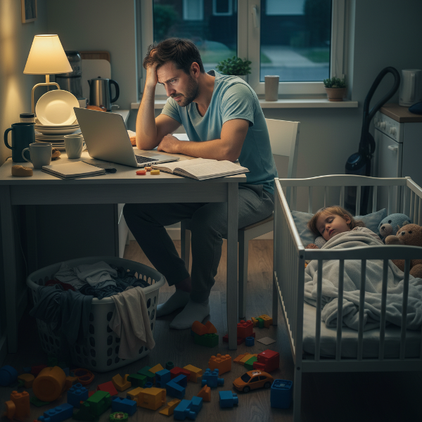 Egy kimerült fiatal apa, aki késő éjszaka dolgozik, miközben a kisgyermeke mellette alszik, túlterheltség és stressz érzése mellett.