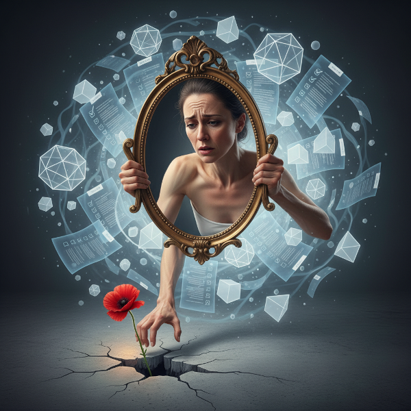 Egy fáradt nő egy nehéz tükröt tart, amely a feszült arcát tükrözi, lebegő feladatlisták és tökéletes geometriai formák ketrecet alkotnak körülötte, miközben egy tökéletlen virág felé nyúl.