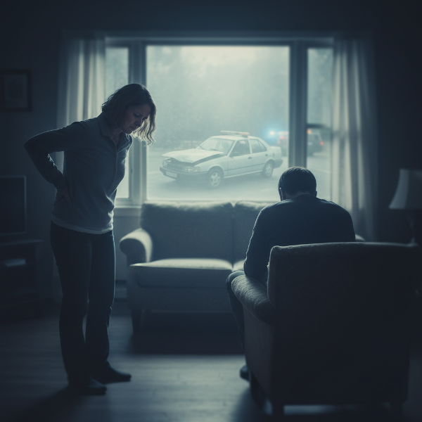 Egy nő aggódó arckifejezéssel áll egy halványan megvilágított otthonban, keze a fájó hátán. Egy férfi elfordulva ül, feszültség és árnyékok közöttük. A háttérben egy autóbaleset halvány képe látszik. A hangulat nehéz, kapcsolati válságot és traumát közvetít.