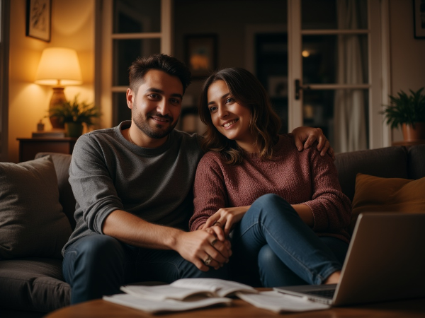Egy fiatal pár otthon, a fáradtság ellenére megtalálja a kapcsolatot és a nyugalmat a mindennapi stressz után.