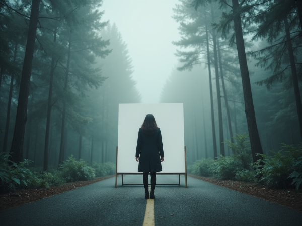 Egy nő egy ködös erdőben áll egy elágazásnál, egy üres vászon előtt, ami az önmegismerés és az identitás keresését szimbolizálja, miután mások elvárásai szerint élt.