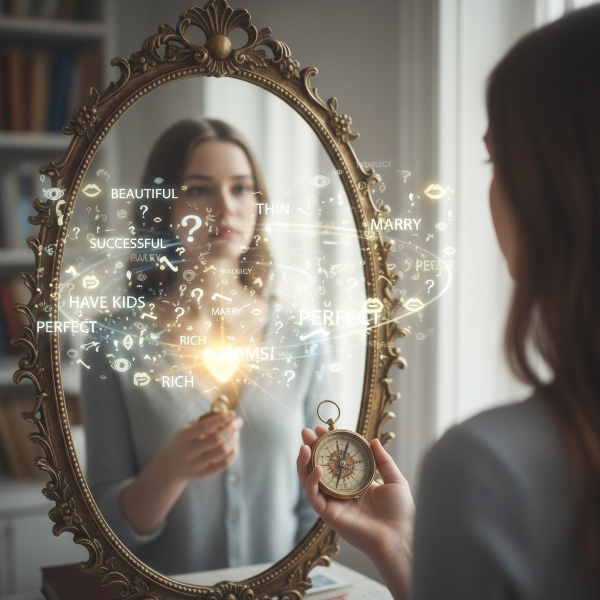 Egy fiatal nő tükörben nézi magát, ahol az őt körülvevő külső elvárások homályosítják el a képét, miközben egy belső iránytűt tart a kezében.