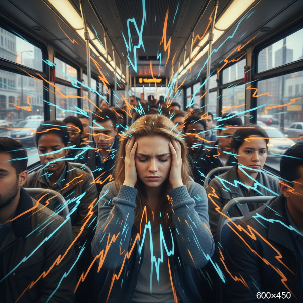 Egy fiatal nő érzékszervi túlterhelést él át a városi zajban, fejfájással és elszigeteltség érzésével a tömegközlekedésen.