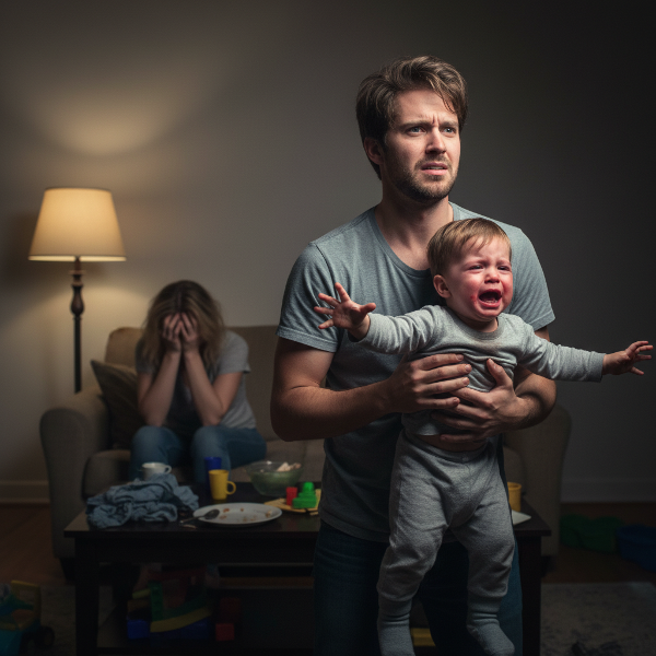 Egy fiatal apa tartja a síró gyermekét egy feszült családi légkörben, miközben a felesége a háttérben kimerültnek tűnik.