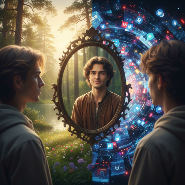 Egy személy tükörképe, amely az autentikus én és a társadalmi én közötti különbséget mutatja nyugodt és forgalmas környezetben.