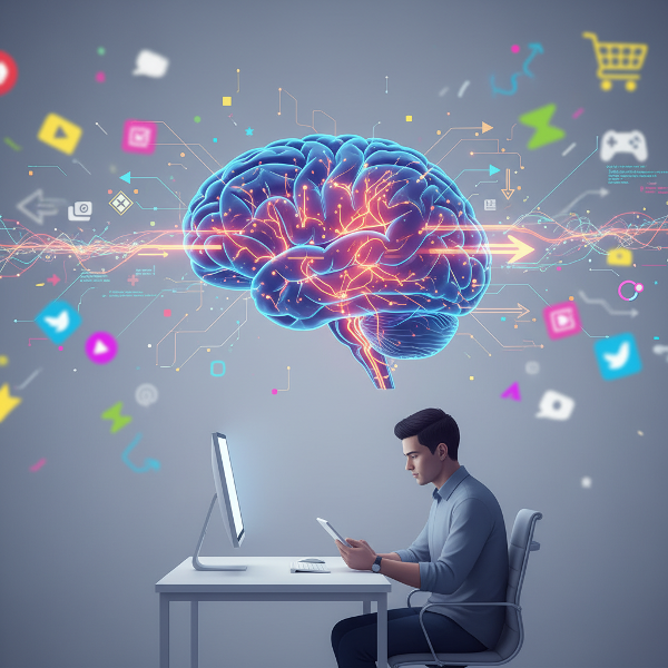 Egy agyat ábrázoló digitális illusztráció, amelybe információáramlás érkezik, személy koncentrálva dolgozik, és figyelemelterelő tényezők lebegnek a háttérben.