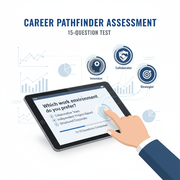 Egy személy kitölt egy karriertesztet táblagépen, miközben három különböző profilszimbólum jelenik meg az adatokból.