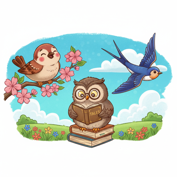 Egy vidám veréb, egy bölcs bagoly és egy szabad szellemű fecske egy színes, rajzfilmszerű tájképben.