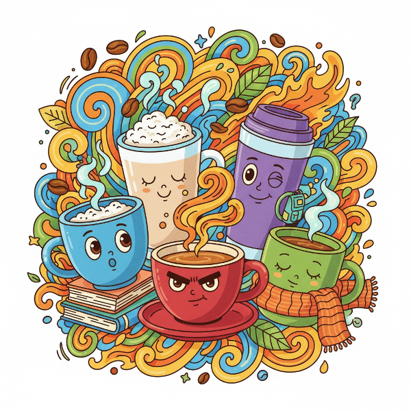 Egy színes, játékos illusztráció különböző személyiséget jelképező kávéscsészékről, amelyek a humoros pszichológiai tesztet szemléltetik.