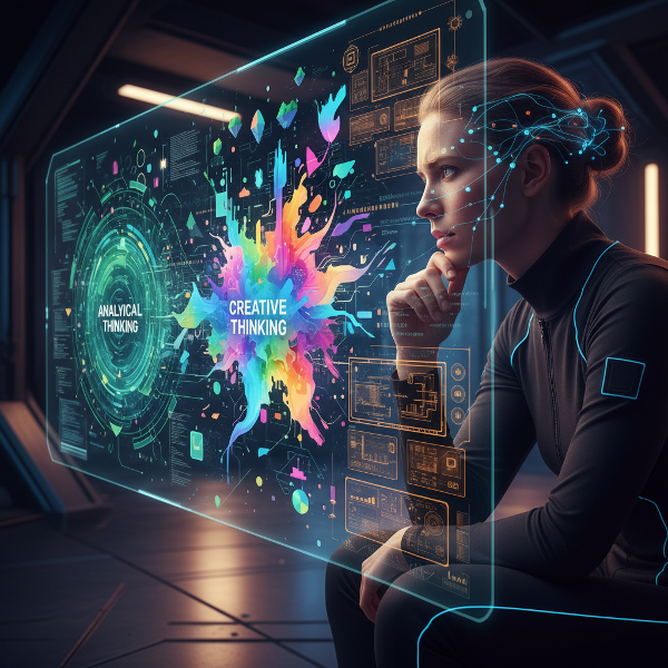 Egy személy, aki egy holografikus kijelzőn bonyolult adatfolyamokat és absztrakt mintákat elemez, különböző gondolkodási stratégiákat szimbolizálva.