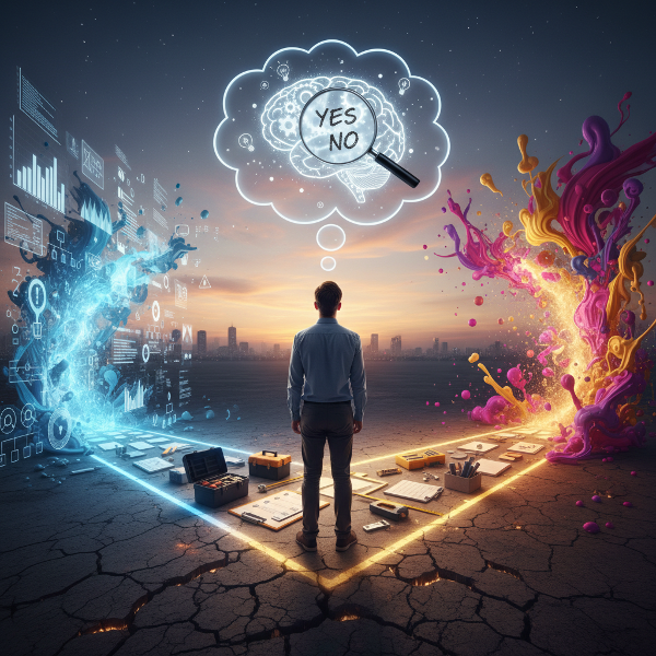 Egy személy gondolkodik egy útelágazásnál, amely a különböző gondolkodási módokat szimbolizálja, miközben egy nagyítóval elemzi egy sietős döntését.