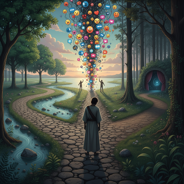 Egy személy egy szimbolikus kereszteződésben áll, ahol három út kínálkozik, amelyek a konfliktuskezelés különböző módjait jelképezik: béke, nyílt kifejezés és visszavonulás.