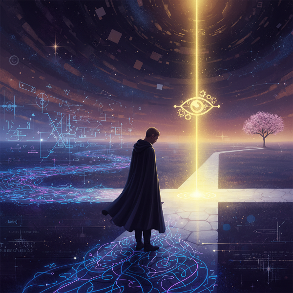 Egy személy a tudatos döntések és az automatikus szokások útjainak szimbolikus kereszteződésében.