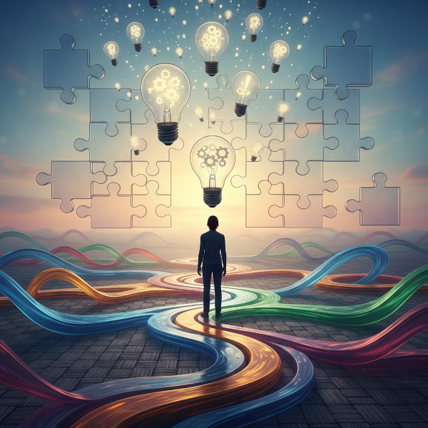 Egy személy absztrakt, színes utak kereszteződésében áll, lebegő izzóötletekkel és összeillő puzzle-darabokkal a háttérben, amely a kreatív problémamegoldást és alkalmazkodóképességet jelképezi.