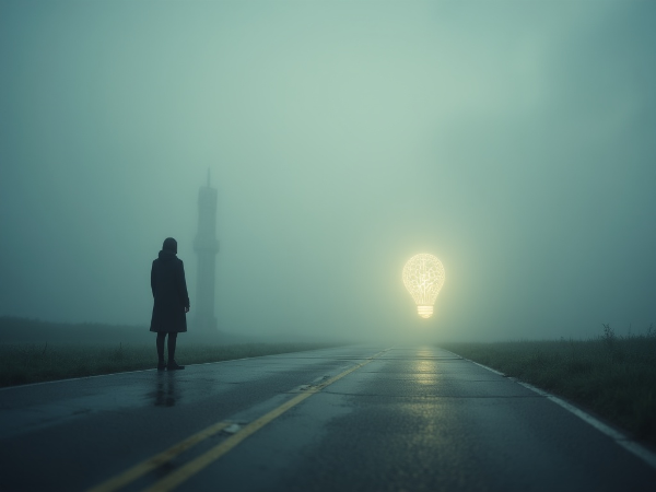 Egy személy ködös útkereszteződésben áll, ahol különböző döntési utak – adatok, intuíció, kerülés – szimbolikusan ábrázolva tűnnek fel.