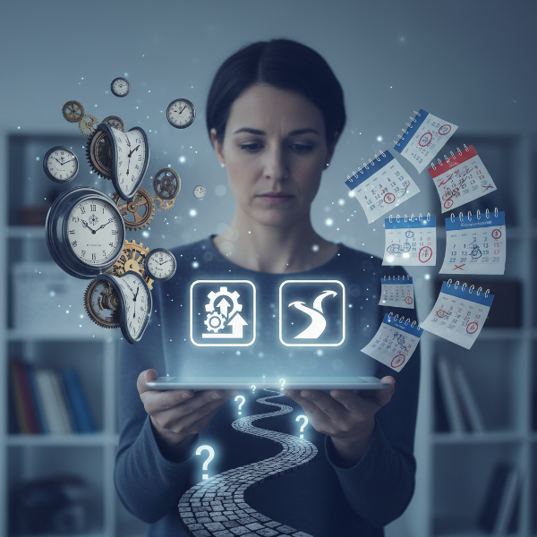 Egy személy, aki egy digitális táblán választ lehetőségek között, szimbolikus órák, naptárak és egy kanyargós út körülvéve, amely az élet döntéseit jelképezi.