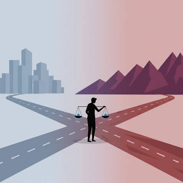 Egy ember egy kereszteződésnél áll, két út között: egy biztos, kiszámítható és egy kockázatos, izgalmas út között. A kép a döntéshozatalt és a kockázatvállalás dilemmáját szimbolizálja.