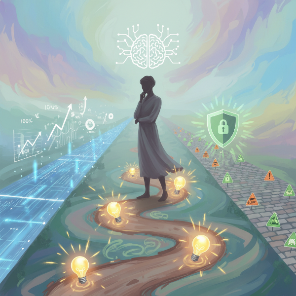 Egy személy egy útelágazásnál áll, három különböző döntési utat szemlélve, amelyek az analitikus, intuitív és óvatos stílusokat szimbolizálják.