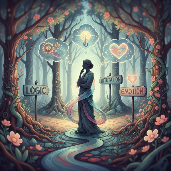 Egy személy a döntési útvonalak metaforikus kereszteződésében áll, ahol az elme, az intuíció és az érzelmek útjai találkoznak.